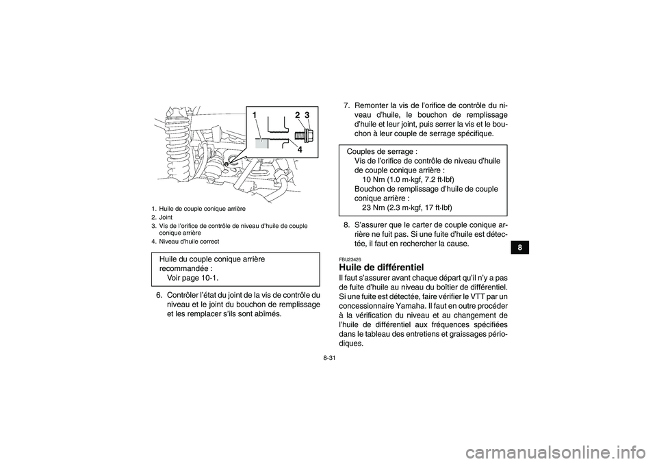YAMAHA GRIZZLY 700 2011 Notices Demploi (in French) 8-31
8
6. Contrôler l’état du joint de la vis de contrôle du
niveau et le joint du bouchon de remplissage
et les remplacer s’ils sont abîmés.7. Remonter la vis de l’orifice de contrôle du YAMAHA GRIZZLY 700 2011 Notices Demploi (in French) 8-31
8
6. Contrôler l’état du joint de la vis de contrôle du
niveau et le joint du bouchon de remplissage
et les remplacer s’ils sont abîmés.7. Remonter la vis de l’orifice de contrôle du