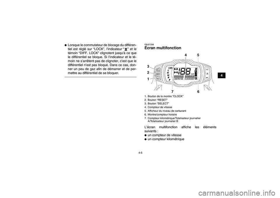 YAMAHA GRIZZLY 700 2011  Notices Demploi (in French) 4-5
4
Lorsque le commutateur de blocage du différen-
tiel est réglé sur “LOCK”, l’indicateur“” et le
témoin “DIFF. LOCK” clignotent jusqu’à ce que
le différentiel se bloque. Si 