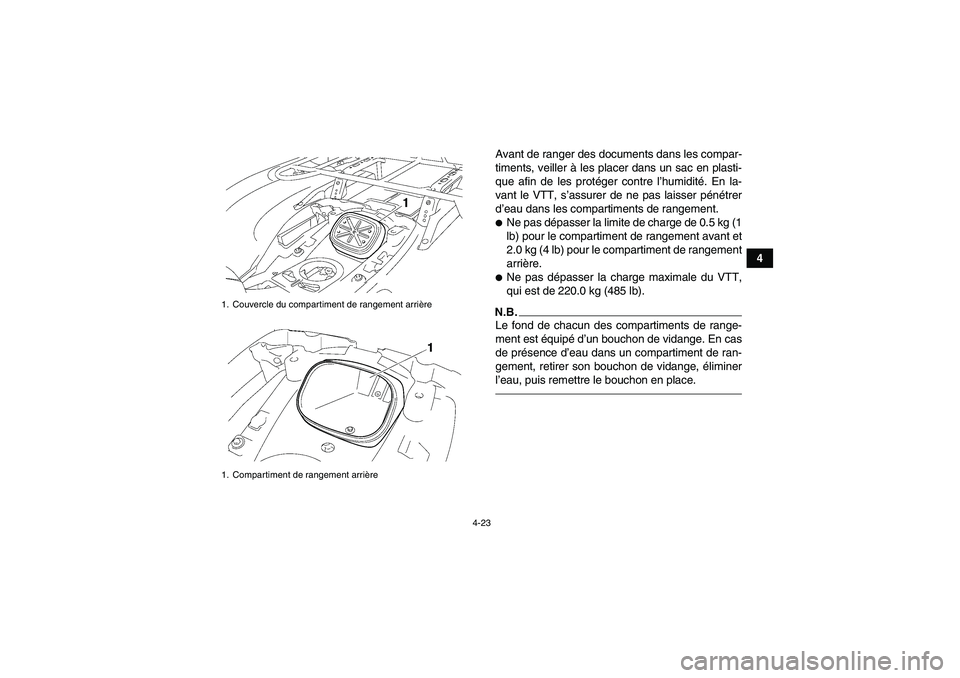 YAMAHA GRIZZLY 700 2011  Notices Demploi (in French) 4-23
4 Avant de ranger des documents dans les compar-
timents, veiller à les placer dans un sac en plasti-
que afin de les protéger contre l’humidité. En la-
vant le VTT, s’assurer de ne pas la