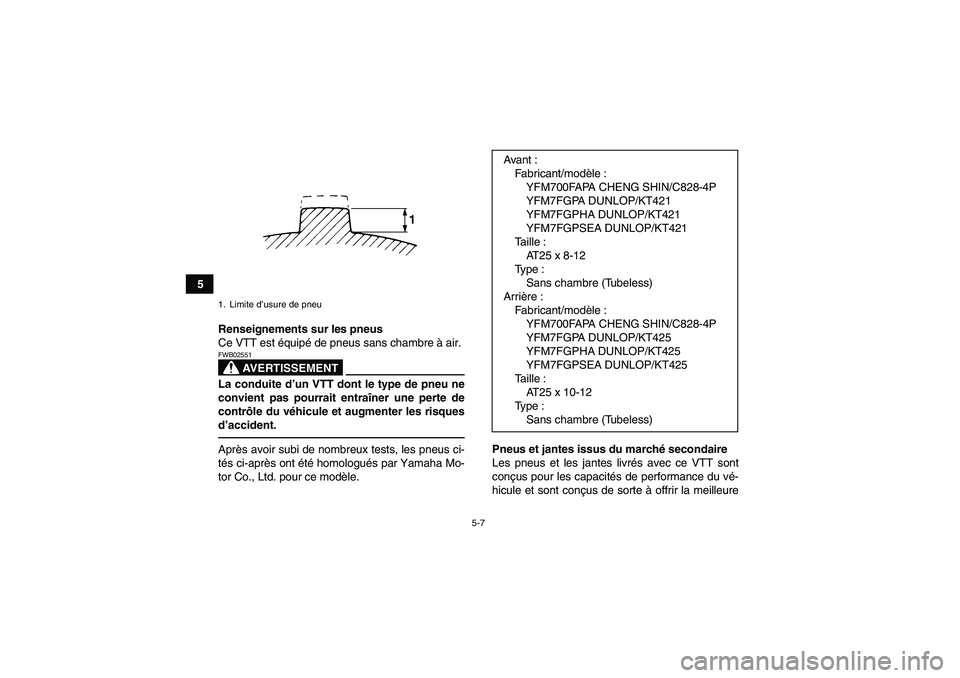 YAMAHA GRIZZLY 700 2011  Notices Demploi (in French) 5-7
5
Renseignements sur les pneus
Ce VTT est équipé de pneus sans chambre à air.
AVERTISSEMENT
FWB02551La conduite d’un VTT dont le type de pneu ne
convient pas pourrait entraîner une perte de
