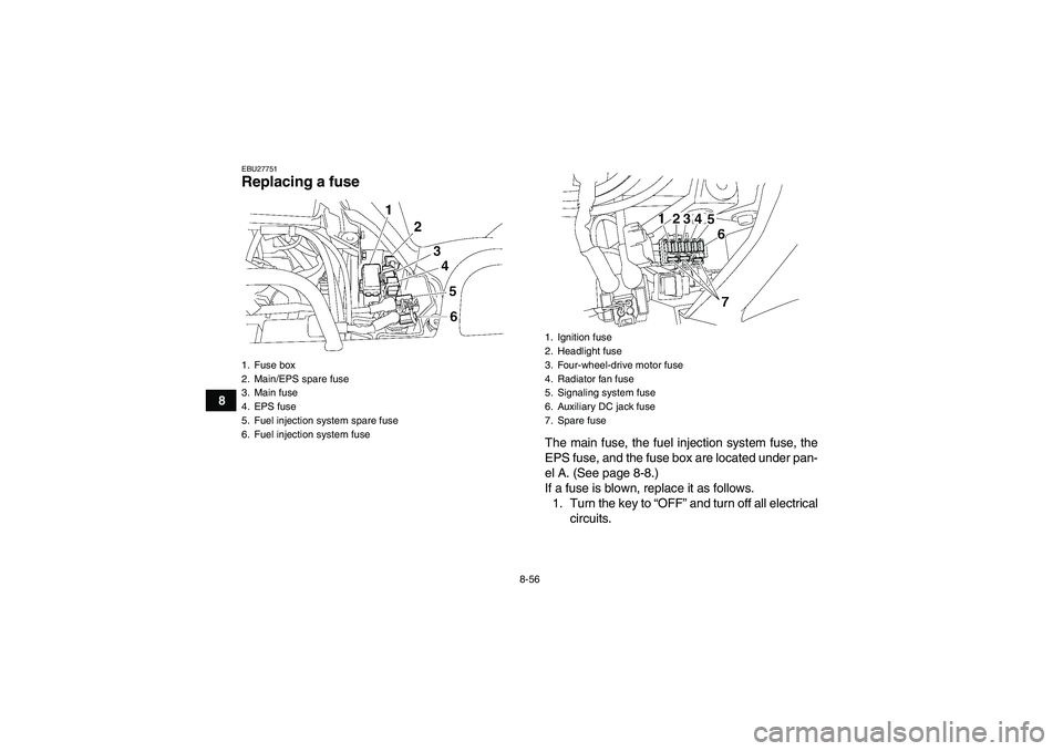 YAMAHA GRIZZLY 700 2010 Owners Manual 8-56
8
EBU27751Replacing a fuse
The main fuse, the fuel injection system fuse, the
EPS fuse, and the fuse box are located under pan-
el A. (See page 8-8.)
If a fuse is blown, replace it as follows.
1 YAMAHA GRIZZLY 700 2010 Owners Manual 8-56
8
EBU27751Replacing a fuse
The main fuse, the fuel injection system fuse, the
EPS fuse, and the fuse box are located under pan-
el A. (See page 8-8.)
If a fuse is blown, replace it as follows.
1