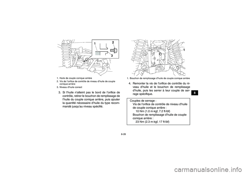 YAMAHA GRIZZLY 700 2010  Notices Demploi (in French) 8-28
8 3. Si l’huile n’atteint pas le bord de l’orifice de
contrôle, retirer le bouchon de remplissage de
l’huile du couple conique arrière, puis ajouter
la quantité nécessaire d’huile d