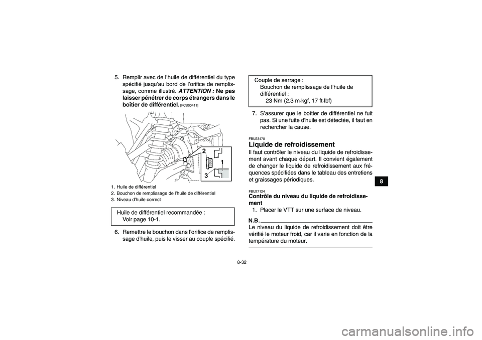 YAMAHA GRIZZLY 700 2010  Notices Demploi (in French) 8-32
8 5. Remplir avec de l’huile de différentiel du type
spécifié jusqu’au bord de l’orifice de remplis-
sage, comme illustré. ATTENTION : Ne pas
laisser pénétrer de corps étrangers dans