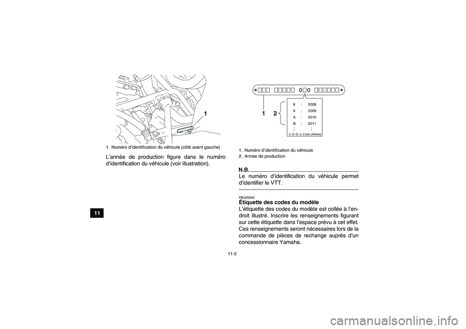 YAMAHA GRIZZLY 700 2010 Notices Demploi (in French) 11-2
11L’année de production figure dans le numéro
d’identification du véhicule (voir illustration).
N.B.Le numéro d’identification du véhicule permet
d’identifier le VTT.FBU26050Étiquet YAMAHA GRIZZLY 700 2010 Notices Demploi (in French) 11-2
11L’année de production figure dans le numéro
d’identification du véhicule (voir illustration).
N.B.Le numéro d’identification du véhicule permet
d’identifier le VTT.FBU26050Étiquet