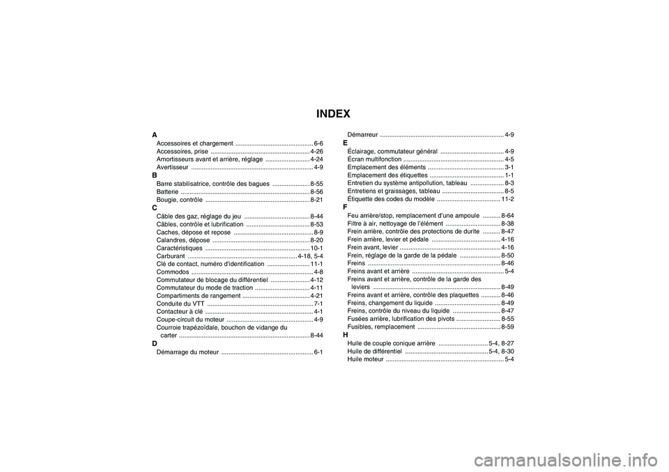YAMAHA GRIZZLY 700 2010  Notices Demploi (in French) INDEX
AAccessoires et chargement  ............................................ 6-6
Accessoires, prise  ........................................................ 4-26
Amortisseurs avant et arrière, ré