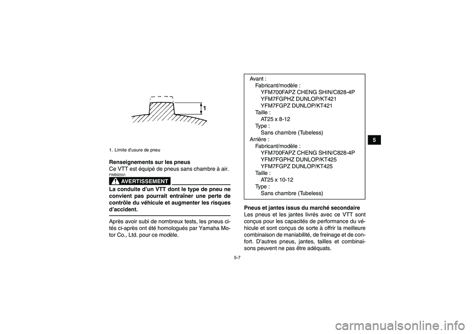 YAMAHA GRIZZLY 700 2010  Notices Demploi (in French) 5-7
5
Renseignements sur les pneus
Ce VTT est équipé de pneus sans chambre à air.
AVERTISSEMENT
FWB02551La conduite d’un VTT dont le type de pneu ne
convient pas pourrait entraîner une perte de
