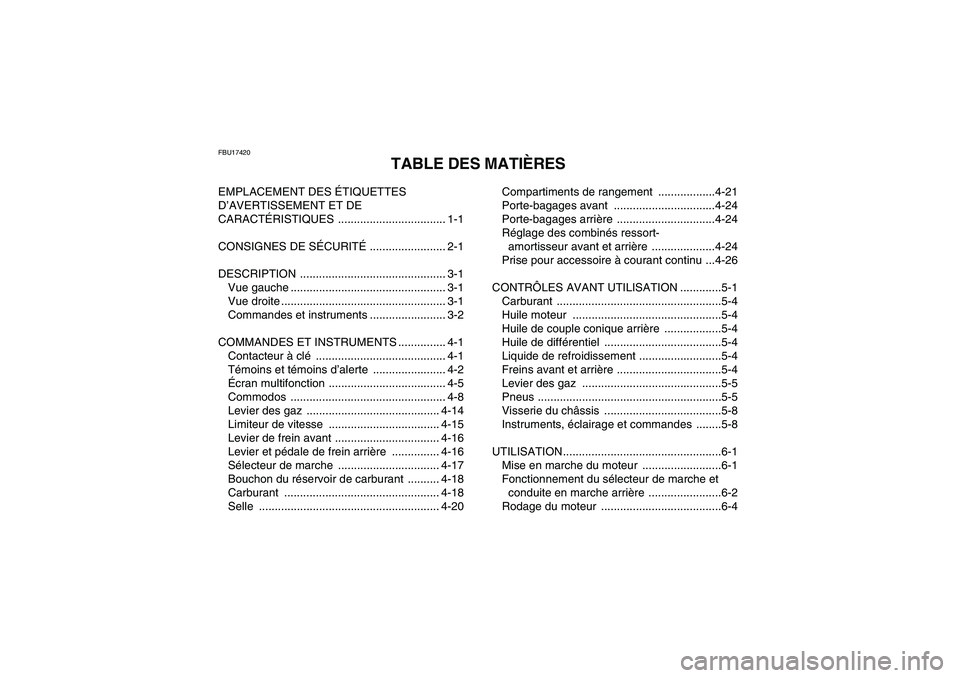 YAMAHA GRIZZLY 700 2010  Notices Demploi (in French) FBU17420
TABLE DES MATIÈRES
EMPLACEMENT DES ÉTIQUETTES 
D’AVERTISSEMENT ET DE 
CARACTÉRISTIQUES .................................. 1-1
CONSIGNES DE SÉCURITÉ ........................ 2-1
DESCRIP