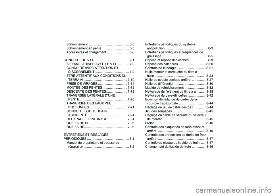 YAMAHA GRIZZLY 700 2010  Notices Demploi (in French) Stationnement ............................................ 6-5
Stationnement en pente  ............................. 6-5
Accessoires et chargement  ........................ 6-6
CONDUITE DU VTT .......