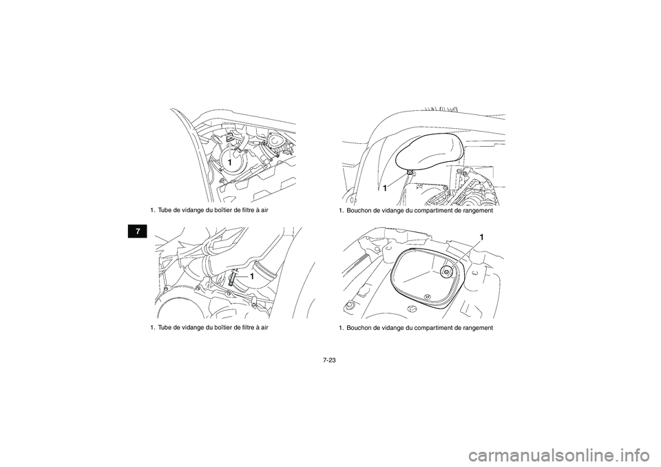 YAMAHA GRIZZLY 700 2010  Notices Demploi (in French) 7-23
7
1. Tube de vidange du boîtier de filtre à air
1. Tube de vidange du boîtier de filtre à air
1. Bouchon de vidange du compartiment de rangement
1. Bouchon de vidange du compartiment de range