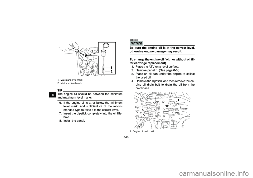 YAMAHA GRIZZLY 700 2009  Owners Manual 8-23
8
TIPThe engine oil should be between the minimumand maximum level marks.
6. If the engine oil is at or below the minimum
level mark, add sufficient oil of the recom-
mended type to raise it to t