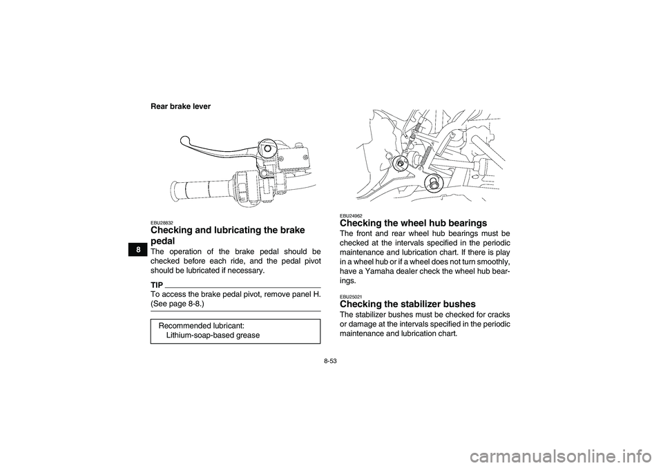 YAMAHA GRIZZLY 700 2009  Owners Manual 8-53
8Rear brake lever
EBU28832Checking and lubricating the brake 
pedal The operation of the brake pedal should be
checked before each ride, and the pedal pivot
should be lubricated if necessary.TIPT