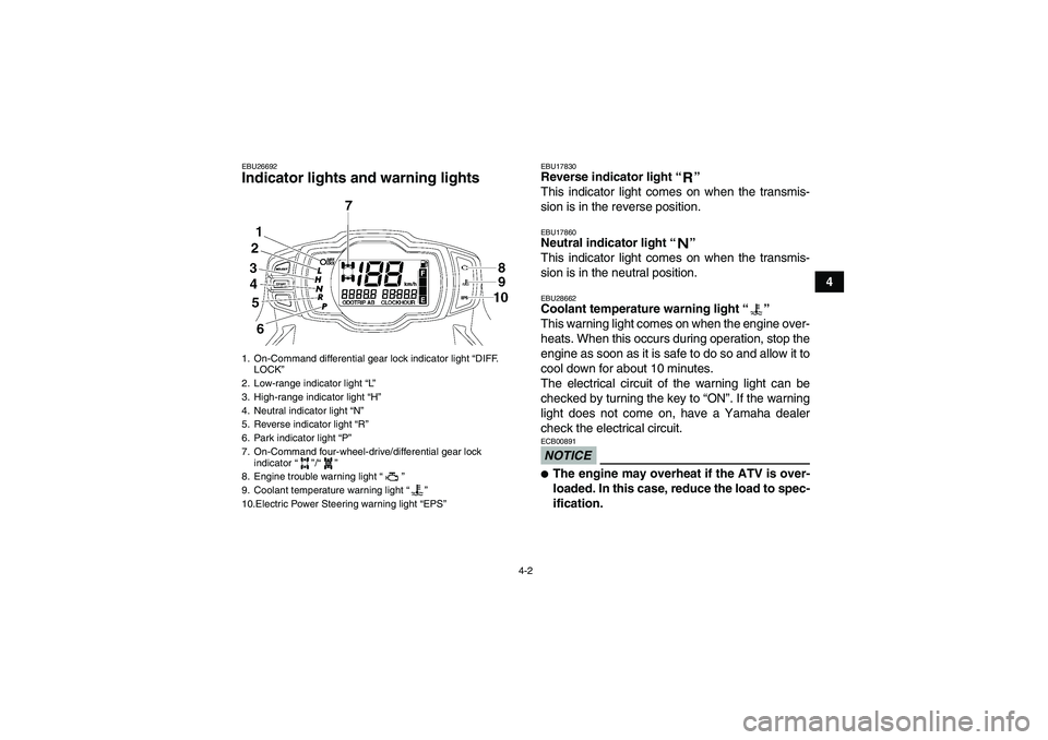 YAMAHA GRIZZLY 700 2009  Owners Manual 4-2
4
EBU26692Indicator lights and warning lights 
EBU17830Reverse indicator light“” 
This indicator light comes on when the transmis-
sion is in the reverse position.EBU17860Neutral indicator lig