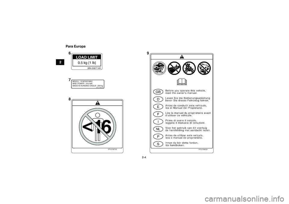 YAMAHA GRIZZLY 700 2009  Manuale de Empleo (in Spanish) 2-4
2Para Europa
U43P60S0.book  Page 4  Wednesday, May 21, 2008  9:23 AM 