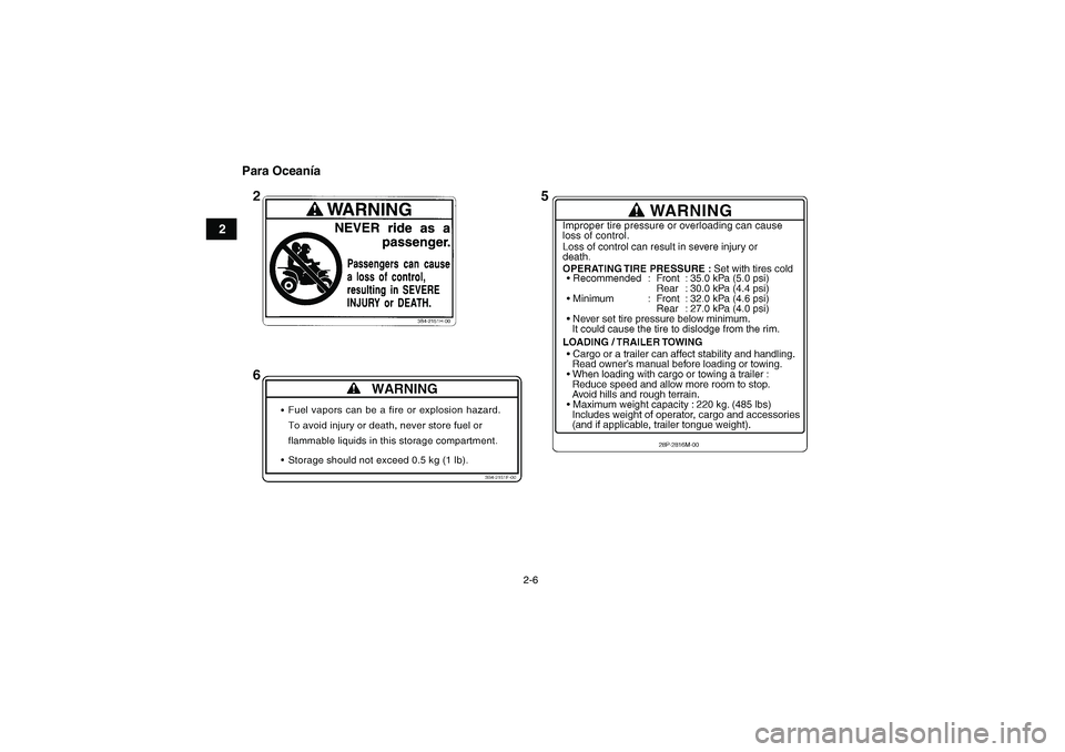 YAMAHA GRIZZLY 700 2009  Manuale de Empleo (in Spanish) 2-6
2Para Oceanía
U43P60S0.book  Page 6  Wednesday, May 21, 2008  9:23 AM 