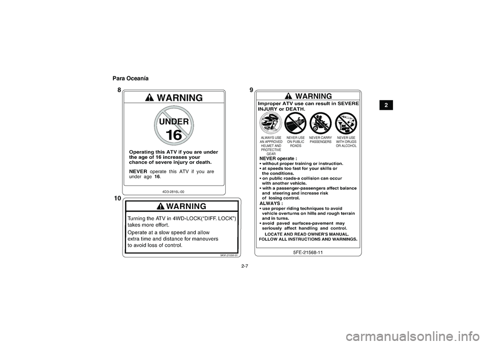 YAMAHA GRIZZLY 700 2009  Manuale de Empleo (in Spanish) 2-7
2 Para Oceanía
U43P60S0.book  Page 7  Wednesday, May 21, 2008  9:23 AM 