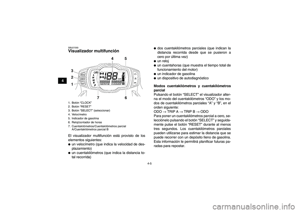 YAMAHA GRIZZLY 700 2009  Manuale de Empleo (in Spanish) 4-5
4
SBU27293Visualizador multifunción El visualizador multifunción está provisto de los
elementos siguientes:un velocímetro (que indica la velocidad de des-
plazamiento)un cuentakilómetros (q