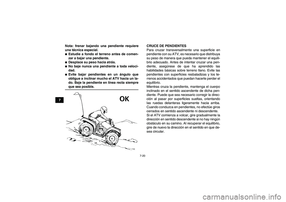 YAMAHA GRIZZLY 700 2009  Manuale de Empleo (in Spanish) 7-20
7Nota: frenar bajando una pendiente requiere
una técnica especial.
Estudie a fondo el terreno antes de comen-
zar a bajar una pendiente.Desplace su peso hacia atrás.No baje nunca una pendien