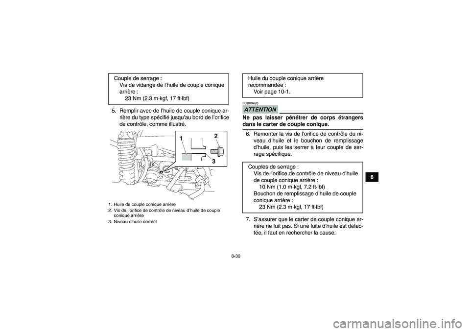 YAMAHA GRIZZLY 700 2009  Notices Demploi (in French) 8-30
8 5. Remplir avec de l’huile de couple conique ar-
rière du type spécifié jusqu’au bord de l’orifice
de contrôle, comme illustré.
ATTENTIONFCB00420Ne pas laisser pénétrer de corps é