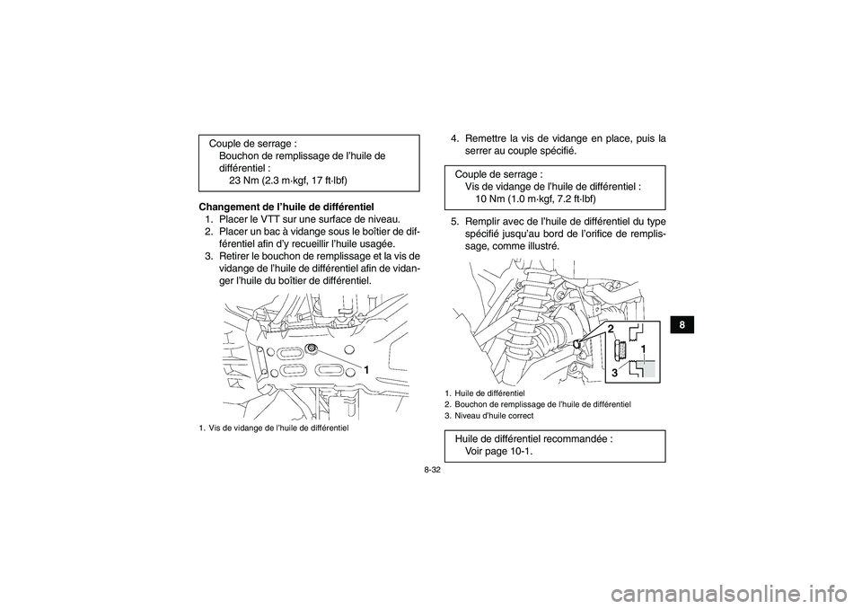 YAMAHA GRIZZLY 700 2009  Notices Demploi (in French) 8-32
8 Changement de l’huile de différentiel
1. Placer le VTT sur une surface de niveau.
2. Placer un bac à vidange sous le boîtier de dif-
férentiel afin d’y recueillir l’huile usagée.
3. 