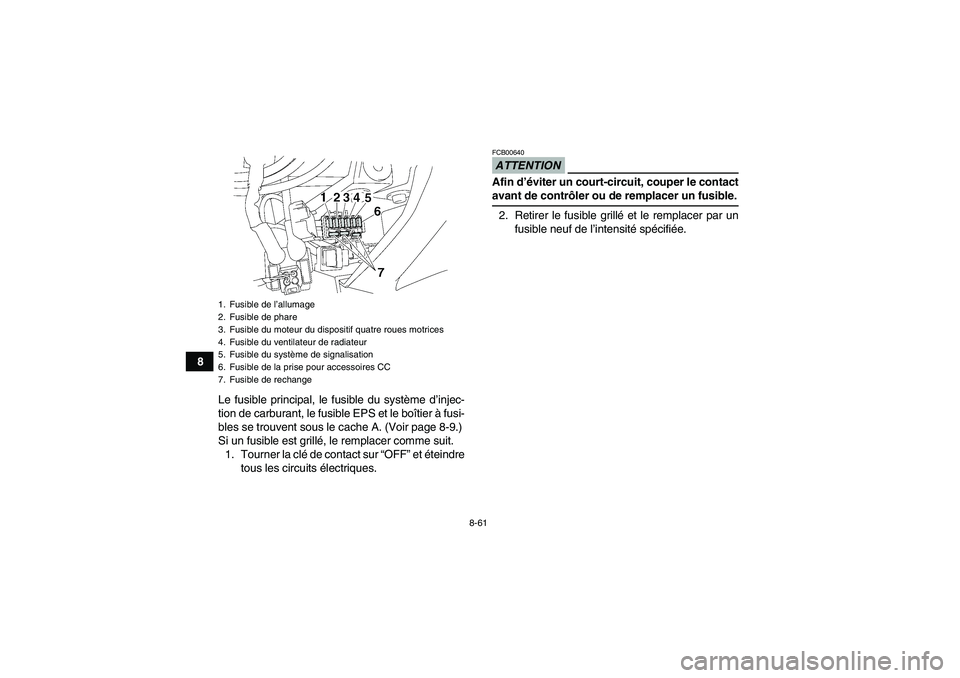 YAMAHA GRIZZLY 700 2009 Notices Demploi (in French) 8-61
8
Le fusible principal, le fusible du système d’injec-
tion de carburant, le fusible EPS et le boîtier à fusi-
bles se trouvent sous le cache A. (Voir page 8-9.)
Si un fusible est grillé, l YAMAHA GRIZZLY 700 2009 Notices Demploi (in French) 8-61
8
Le fusible principal, le fusible du système d’injec-
tion de carburant, le fusible EPS et le boîtier à fusi-
bles se trouvent sous le cache A. (Voir page 8-9.)
Si un fusible est grillé, l
