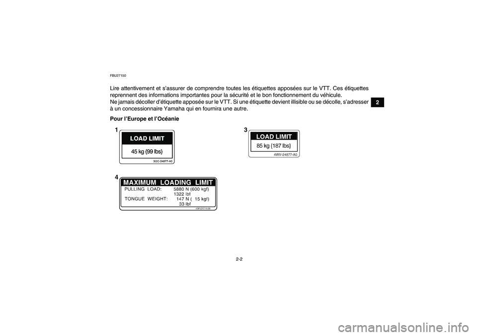 YAMAHA GRIZZLY 700 2009  Notices Demploi (in French) 2-2
2
FBU27150Lire attentivement et s’assurer de comprendre toutes les étiquettes apposées sur le VTT. Ces étiquettes
reprennent des informations importantes pour la sécurité et le bon fonction