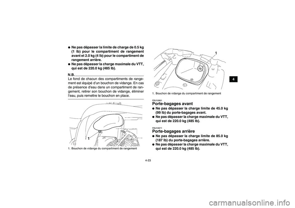 YAMAHA GRIZZLY 700 2009  Notices Demploi (in French) 4-23
4
Ne pas dépasser la limite de charge de 0.5 kg
(1 lb) pour le compartiment de rangement
avant et 2.0 kg (4 lb) pour le compartiment de
rangement arrière.Ne pas dépasser la charge maximale d