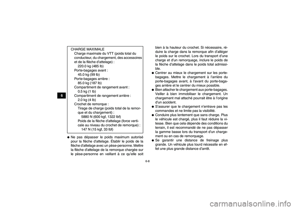 YAMAHA GRIZZLY 700 2009  Notices Demploi (in French) 6-8
6
Ne pas dépasser le poids maximum autorisé
pour la flèche d’attelage. Établir le poids de la
flèche d’attelage avec un pèse-personne. Mettre
la flèche d’attelage de la remorque char