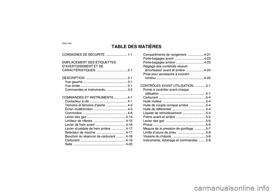 YAMAHA GRIZZLY 700 2009  Notices Demploi (in French) FBU17420
TABLE DES MATIÈRES
CONSIGNES DE SÉCURITÉ ........................ 1-1
EMPLACEMENT DES ÉTIQUETTES 
D’AVERTISSEMENT ET DE 
CARACTÉRISTIQUES .................................. 2-1
DESCRIP