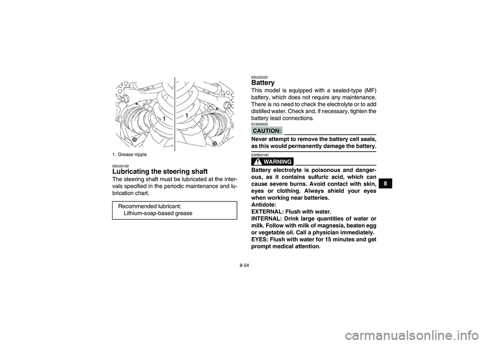 YAMAHA GRIZZLY 700 2008  Owners Manual 8-54
8
EBU25100Lubricating the steering shaft The steering shaft must be lubricated at the inter-
vals specified in the periodic maintenance and lu-
brication chart.
EBU25222Battery This model is equi