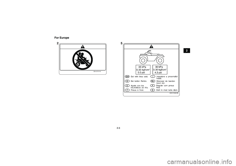 YAMAHA GRIZZLY 700 2008 User Guide 2-3
2 For Europe
U3B462E0.book  Page 3  Tuesday, March 20, 2007  11:46 AM 