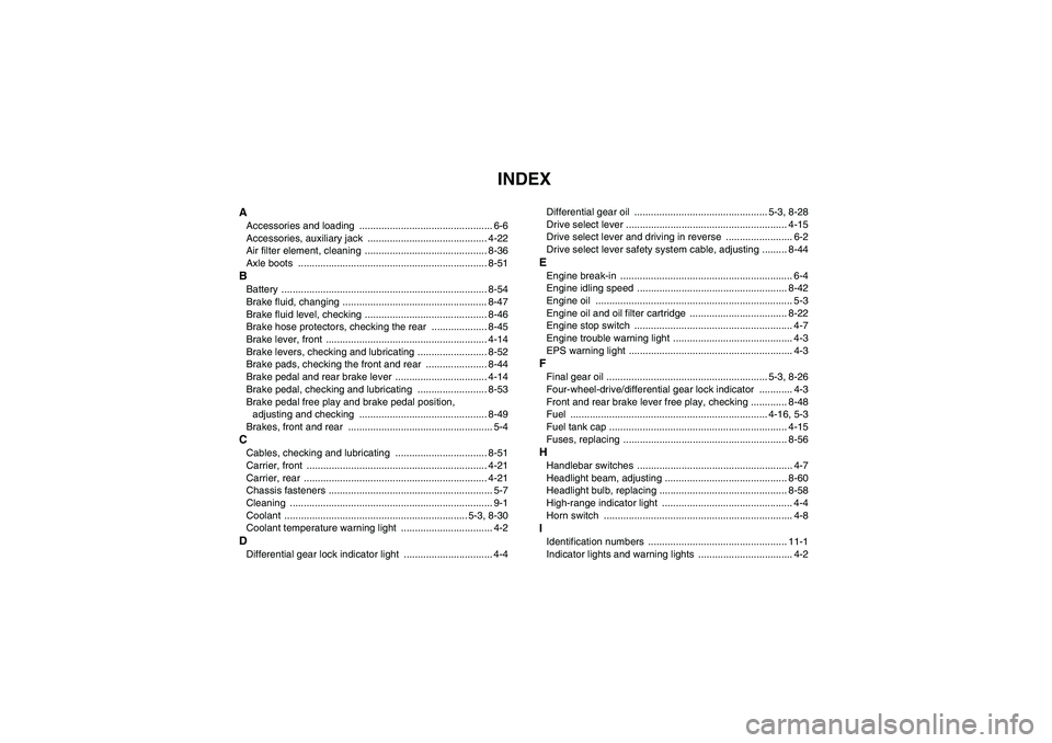 YAMAHA GRIZZLY 700 2008  Owners Manual INDEX
AAccessories and loading  ................................................ 6-6
Accessories, auxiliary jack  ........................................... 4-22
Air filter element, cleaning  .......