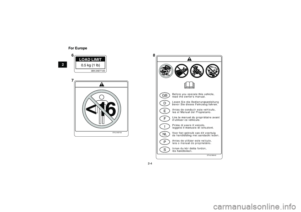 YAMAHA GRIZZLY 700 2008 User Guide 2-4
2For Europe
U3B462E0.book  Page 4  Tuesday, March 20, 2007  11:46 AM 