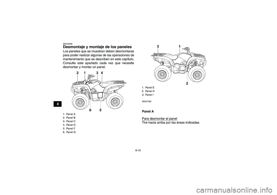 YAMAHA GRIZZLY 700 2008  Manuale de Empleo (in Spanish) 8-10
8
SBU23090Desmontaje y montaje de los paneles Los paneles que se muestran deben desmontarse
para poder realizar algunas de las operaciones de
mantenimiento que se describen en este capítulo.
Con