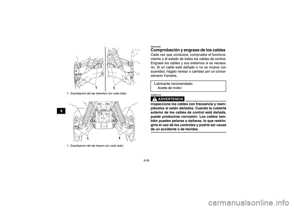 YAMAHA GRIZZLY 700 2008  Manuale de Empleo (in Spanish) 8-56
8
SBU24900Comprobación y engrase de los cables Cada vez que conduzca, compruebe el funciona-
miento y el estado de todos los cables de control.
Engrase los cables y sus extremos si es necesa-
ri