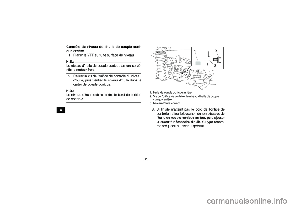 YAMAHA GRIZZLY 700 2008  Notices Demploi (in French) 8-28
8Contrôle du niveau de l’huile de couple coni-
que arrière
1. Placer le VTT sur une surface de niveau.
N.B.:Le niveau d’huile du couple conique arrière se vé-rifie le moteur froid.
2. Ret