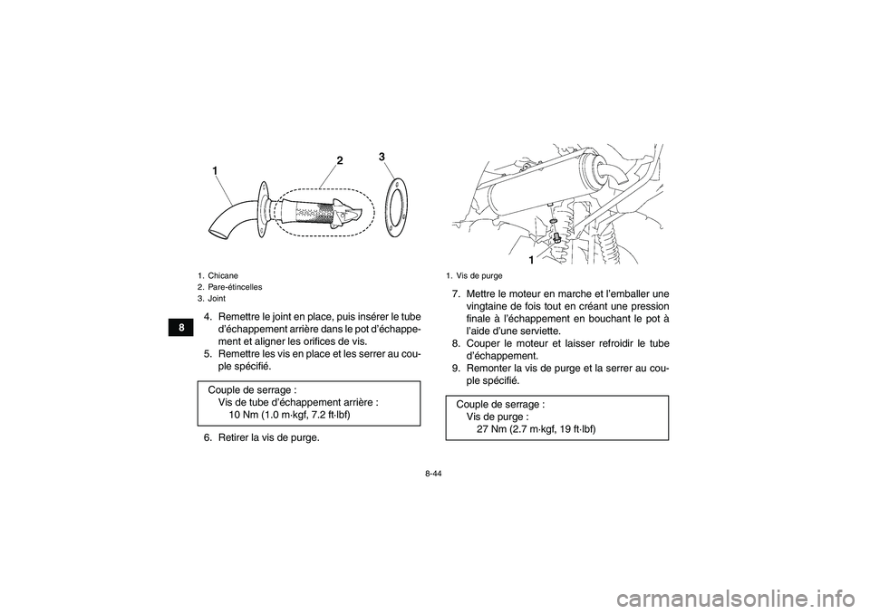 YAMAHA GRIZZLY 700 2008 Notices Demploi (in French) 8-44
84. Remettre le joint en place, puis insérer le tube
d’échappement arrière dans le pot d’échappe-
ment et aligner les orifices de vis.
5. Remettre les vis en place et les serrer au cou-
p YAMAHA GRIZZLY 700 2008 Notices Demploi (in French) 8-44
84. Remettre le joint en place, puis insérer le tube
d’échappement arrière dans le pot d’échappe-
ment et aligner les orifices de vis.
5. Remettre les vis en place et les serrer au cou-
p