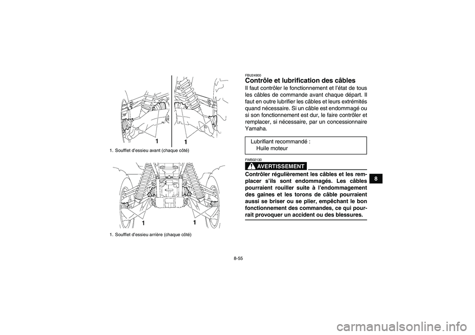 YAMAHA GRIZZLY 700 2008  Notices Demploi (in French) 8-55
8
FBU24900Contrôle et lubrification des câbles Il faut contrôler le fonctionnement et l’état de tous
les câbles de commande avant chaque départ. Il
faut en outre lubrifier les câbles et 