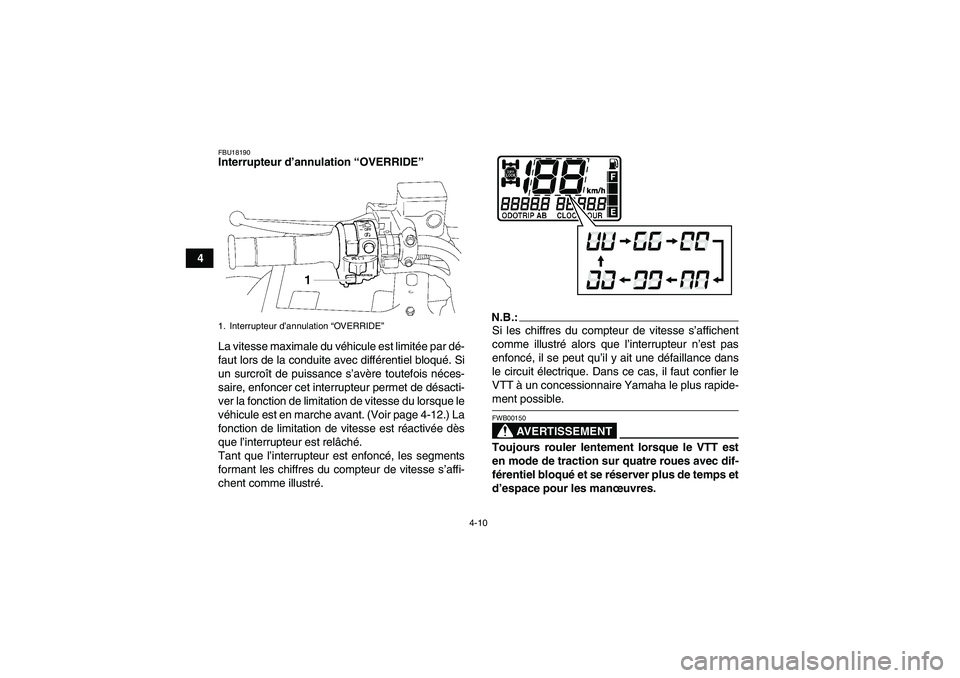 YAMAHA GRIZZLY 700 2008 Notices Demploi (in French) 4-10
4
FBU18190Interrupteur d’annulation “OVERRIDE”
La vitesse maximale du véhicule est limitée par dé-
faut lors de la conduite avec différentiel bloqué. Si
un surcroît de puissance s’ YAMAHA GRIZZLY 700 2008 Notices Demploi (in French) 4-10
4
FBU18190Interrupteur d’annulation “OVERRIDE”
La vitesse maximale du véhicule est limitée par dé-
faut lors de la conduite avec différentiel bloqué. Si
un surcroît de puissance s’