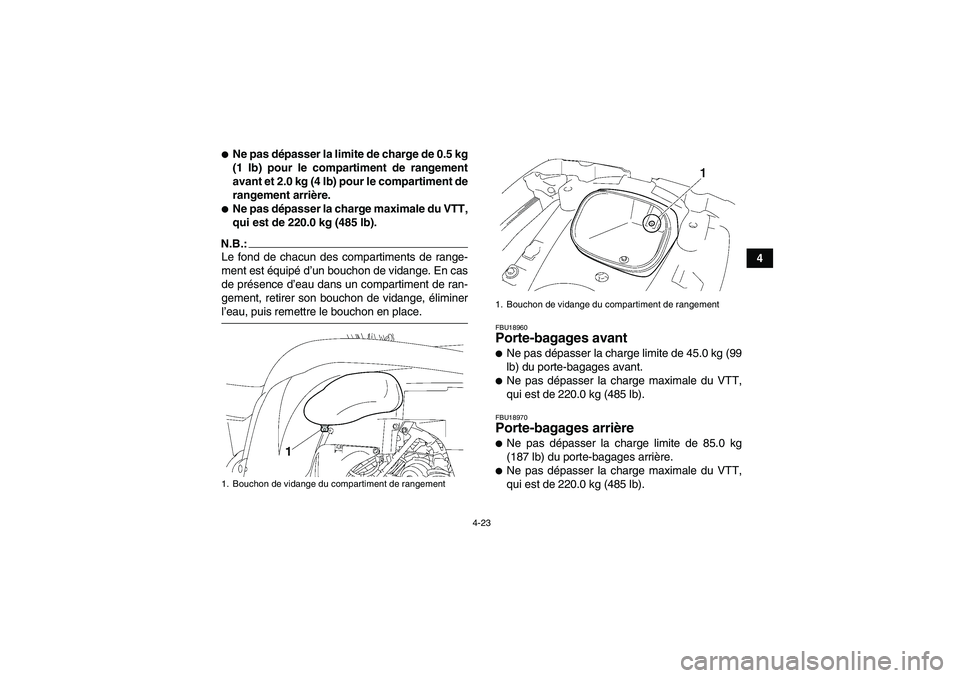 YAMAHA GRIZZLY 700 2008  Notices Demploi (in French) 4-23
4
Ne pas dépasser la limite de charge de 0.5 kg
(1 lb) pour le compartiment de rangement
avant et 2.0 kg (4 lb) pour le compartiment de
rangement arrière.Ne pas dépasser la charge maximale d