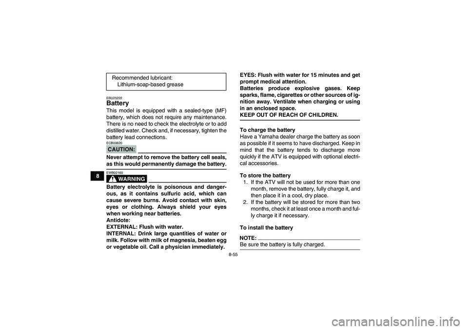YAMAHA GRIZZLY 700 2007  Owners Manual 8-55
8
EBU25222Battery This model is equipped with a sealed-type (MF)
battery, which does not require any maintenance.
There is no need to check the electrolyte or to add
distilled water. Check and, i