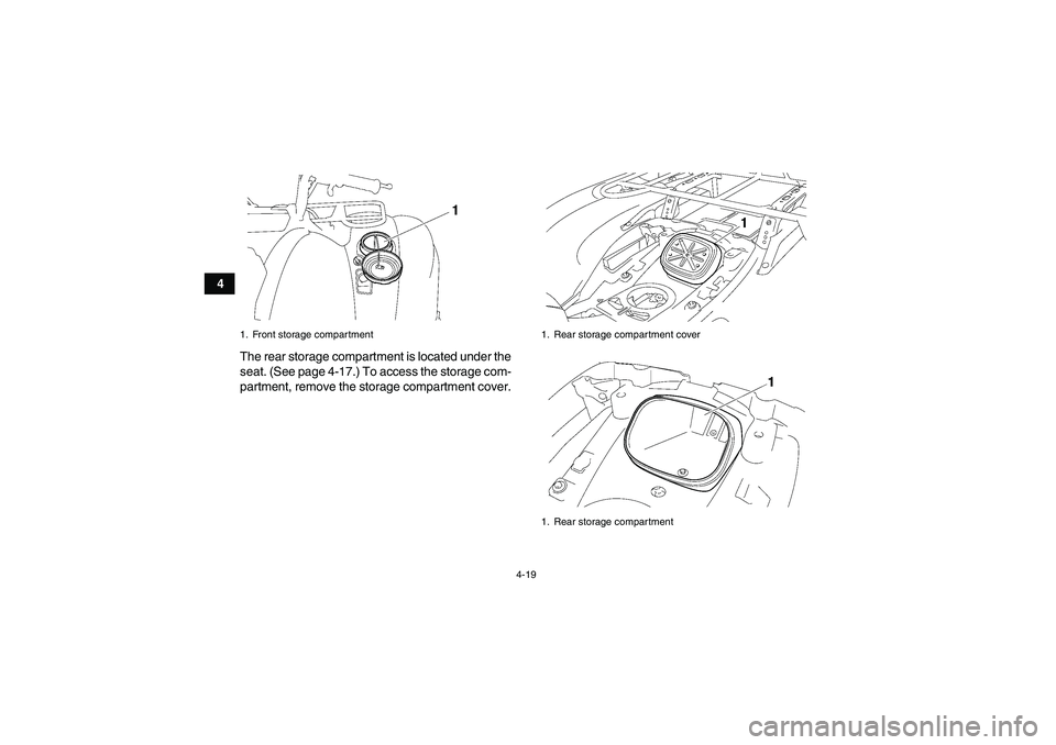 YAMAHA GRIZZLY 700 2007 Service Manual 4-19
4
The rear storage compartment is located under the
seat. (See page 4-17.) To access the storage com-
partment, remove the storage compartment cover.
1. Front storage compartment
1. Rear storage 
