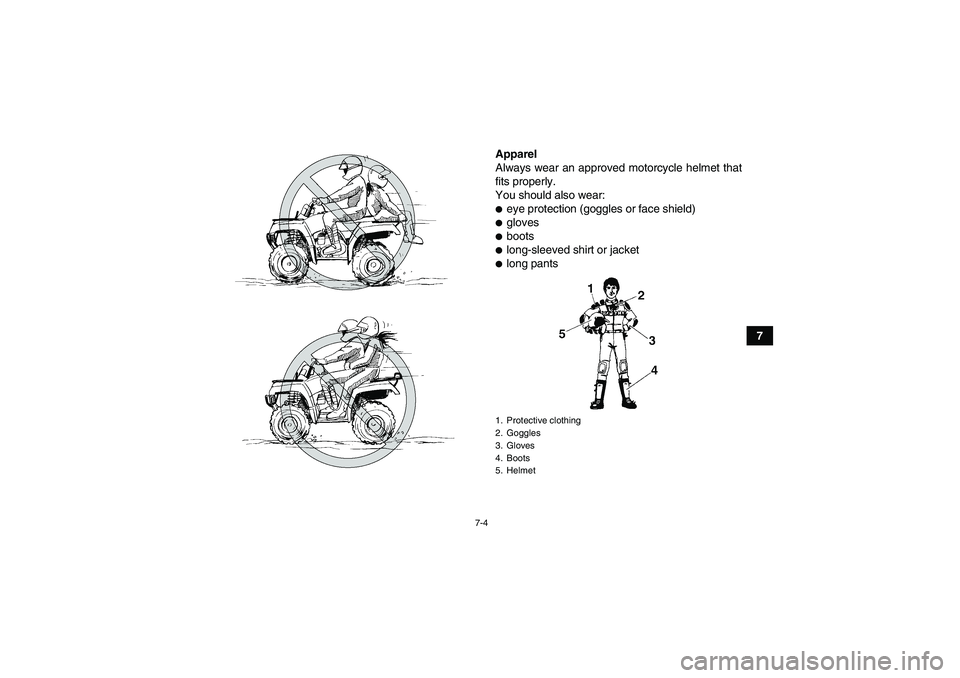 YAMAHA GRIZZLY 700 2007  Owners Manual 7-4
7 Apparel
Always wear an approved motorcycle helmet that
fits properly.
You should also wear:
eye protection (goggles or face shield)glovesbootslong-sleeved shirt or jacketlong pants1. Protec