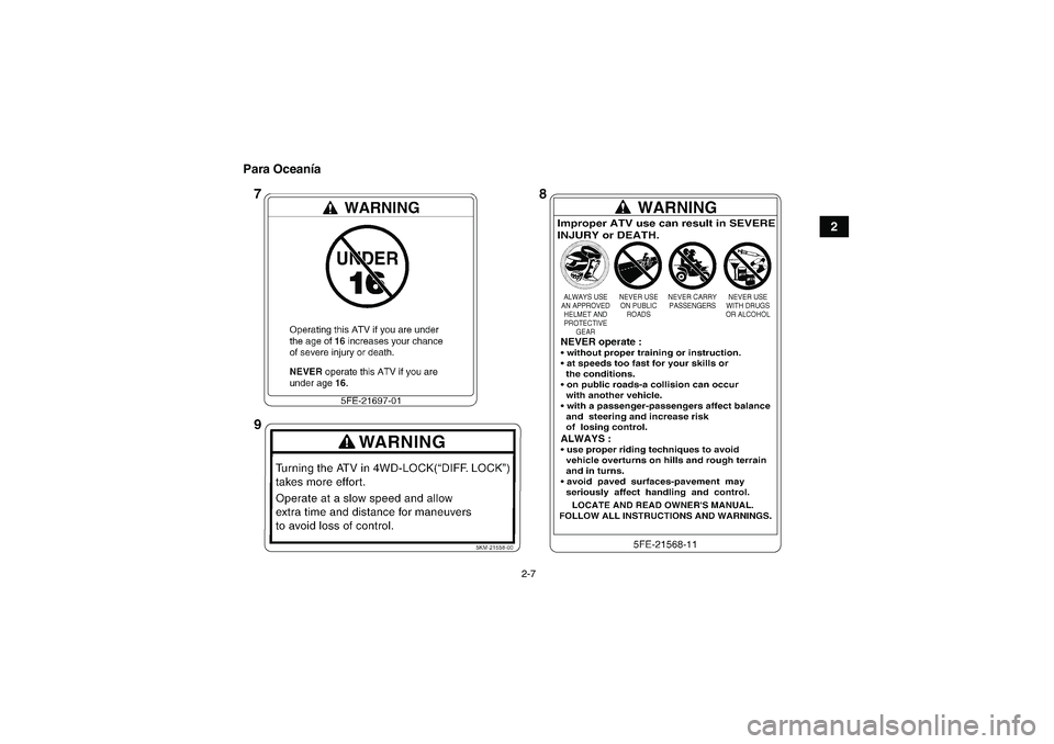 YAMAHA GRIZZLY 700 2007  Manuale de Empleo (in Spanish) 2-7
2 Para Oceanía
U3B460S0.book  Page 7  Friday, May 12, 2006  2:53 PM 