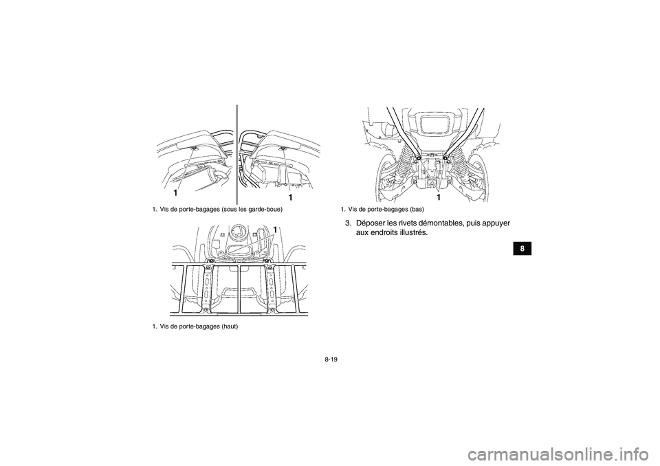 YAMAHA GRIZZLY 700 2007  Notices Demploi (in French) 8-19
8 3. Déposer les rivets démontables, puis appuyer
aux endroits illustrés.
1. Vis de porte-bagages (sous les garde-boue)
1. Vis de porte-bagages (haut)
1. Vis de porte-bagages (bas)
U3B460F0.bo