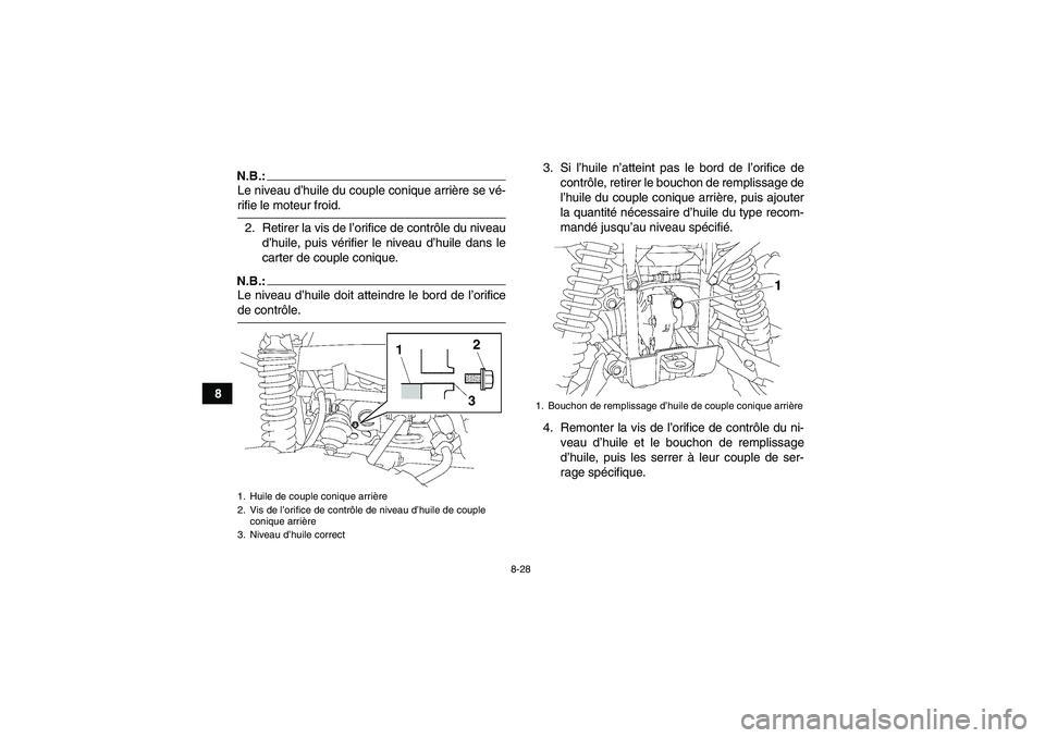 YAMAHA GRIZZLY 700 2007  Notices Demploi (in French) 8-28
8
N.B.:Le niveau d’huile du couple conique arrière se vé-rifie le moteur froid.
2. Retirer la vis de l’orifice de contrôle du niveau
d’huile, puis vérifier le niveau d’huile dans le
c