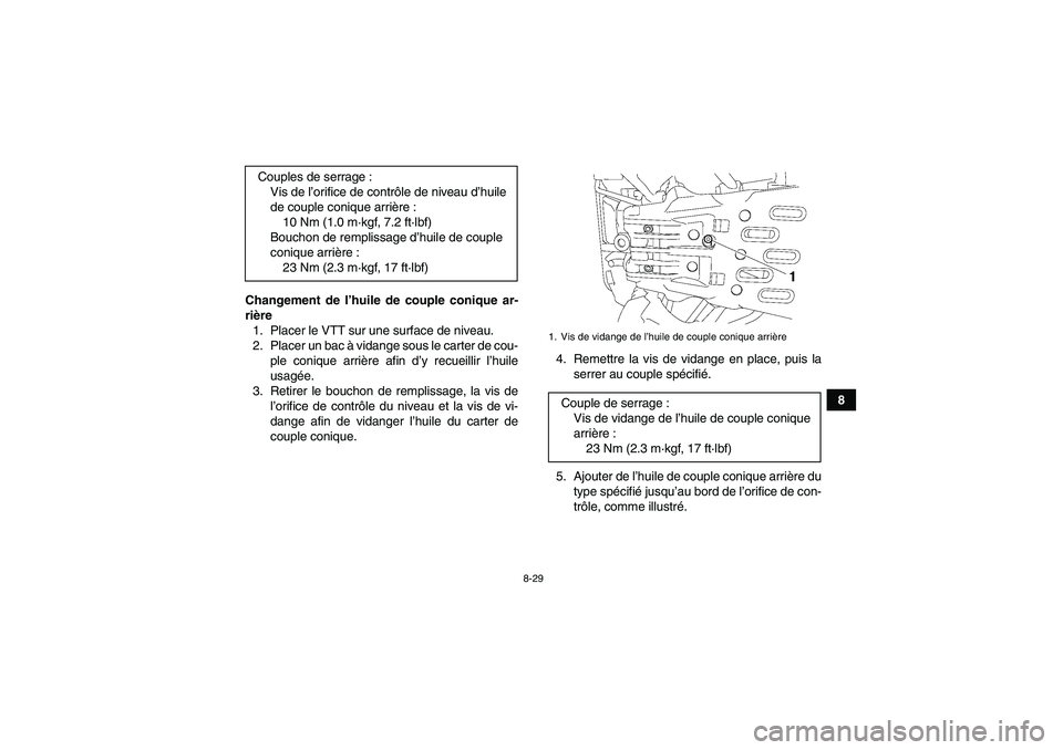 YAMAHA GRIZZLY 700 2007 Notices Demploi (in French) 8-29
8 Changement de l’huile de couple conique ar-
rière
1. Placer le VTT sur une surface de niveau.
2. Placer un bac à vidange sous le carter de cou-
ple conique arrière afin d’y recueillir lâ YAMAHA GRIZZLY 700 2007 Notices Demploi (in French) 8-29
8 Changement de l’huile de couple conique ar-
rière
1. Placer le VTT sur une surface de niveau.
2. Placer un bac à vidange sous le carter de cou-
ple conique arrière afin d’y recueillir lâ