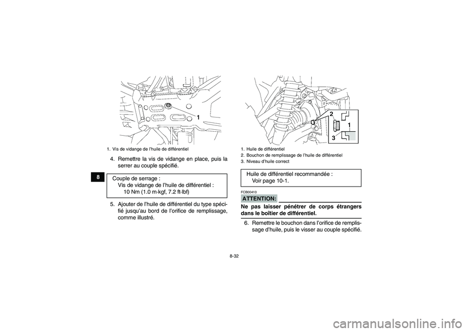 YAMAHA GRIZZLY 700 2007 Notices Demploi (in French) 8-32
84. Remettre la vis de vidange en place, puis la
serrer au couple spécifié.
5. Ajouter de l’huile de différentiel du type spéci-
fié jusqu’au bord de l’orifice de remplissage,
comme il YAMAHA GRIZZLY 700 2007 Notices Demploi (in French) 8-32
84. Remettre la vis de vidange en place, puis la
serrer au couple spécifié.
5. Ajouter de l’huile de différentiel du type spéci-
fié jusqu’au bord de l’orifice de remplissage,
comme il