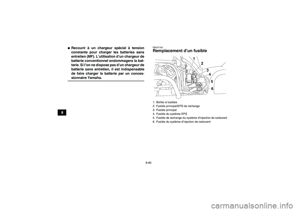YAMAHA GRIZZLY 700 2007  Notices Demploi (in French) 8-60
8
Recourir à un chargeur spécial à tension
constante pour charger les batteries sans
entretien (MF). L’utilisation d’un chargeur de
batterie conventionnel endommagera la bat-
terie. Si l