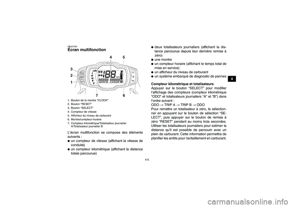 YAMAHA GRIZZLY 700 2007  Notices Demploi (in French) 4-5
4
FBU27291Écran multifonction L’écran multifonction se compose des éléments
suivants :un compteur de vitesse (affichant la vitesse de
conduite)un compteur kilométrique (affichant la dista