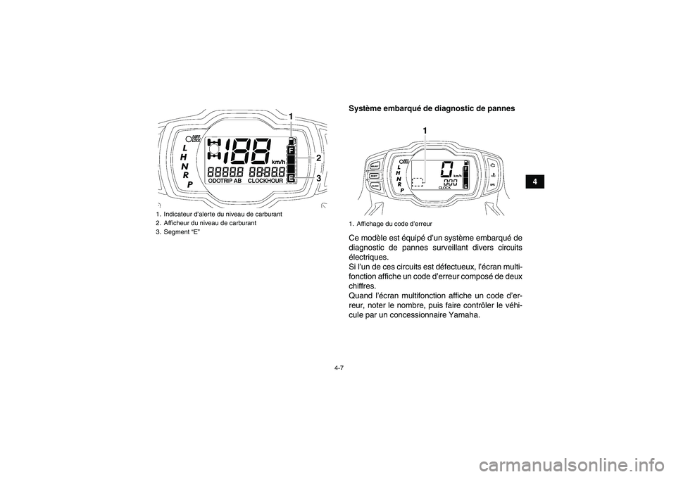 YAMAHA GRIZZLY 700 2007  Notices Demploi (in French) 4-7
4 Système embarqué de diagnostic de pannes
Ce modèle est équipé d’un système embarqué de
diagnostic de pannes surveillant divers circuits
électriques.
Si l’un de ces circuits est défe
